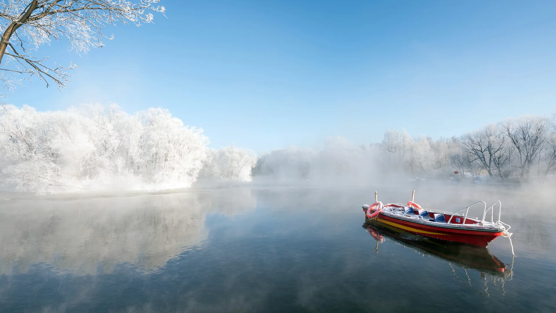 湖 雾凇 树林 船 天空 唯美 12k风景壁纸